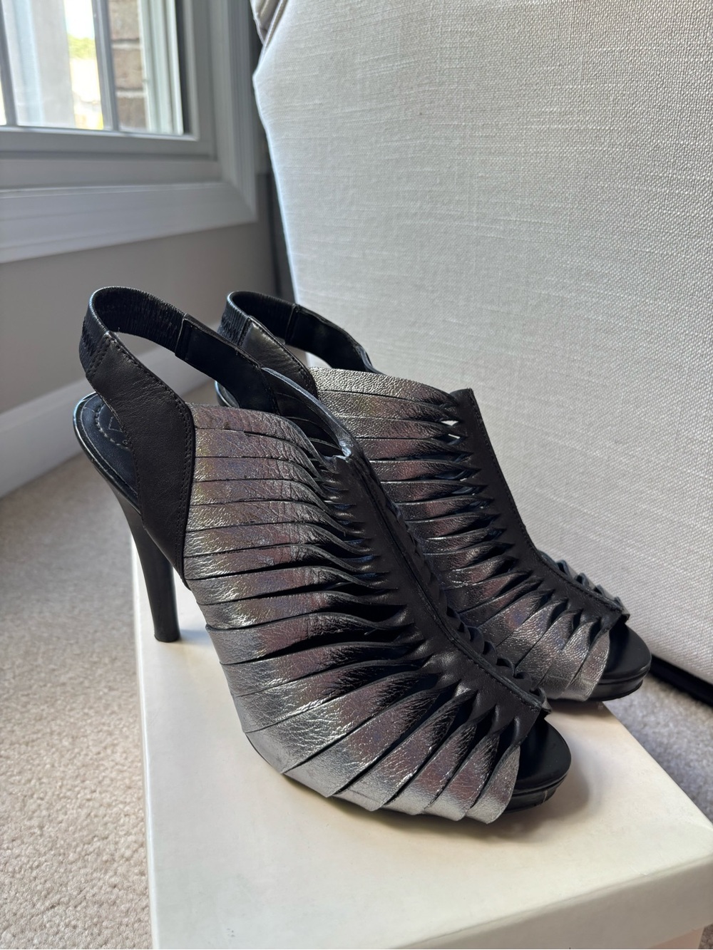 BCBG Women's Metallic Black Strappy High-Heel Sandals